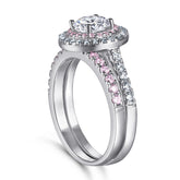 Round Zircon Double Soleste Halo with Half Eternity Pink Zircon Silver Ring Set